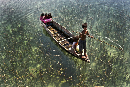 【马来西亚小镇Semporna】一群划舟的孩子，像是在天空游荡。